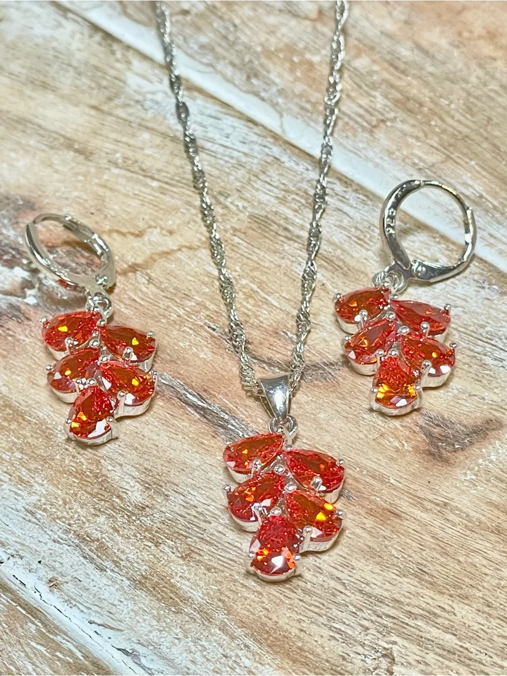 Sterling Silver Teardrop Crystal Necklace w Deep Orange Faceted Crystal Stones
